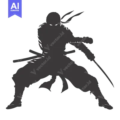 Silhouette of a Ninja Holding a Sword in a Fighting Stance