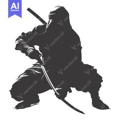 Aset desain premium: A Shadowy Figure Holding a Curved Sword in a Crouching Position