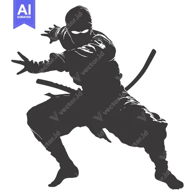 Silhouette of a Ninja in a Leaping Pose with a Sword