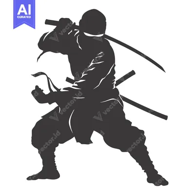 Aset desain premium: Silhouette of a Ninja Holding a Sword in a Fighting Stance