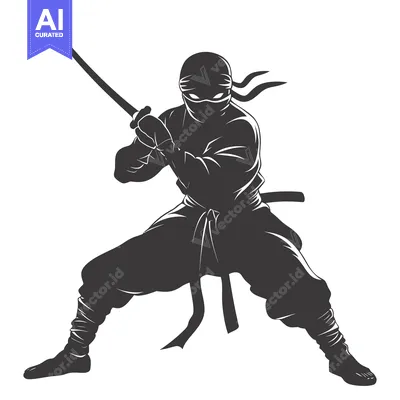 Silhouette of a Ninja Holding a Sword in a Fighting Stance