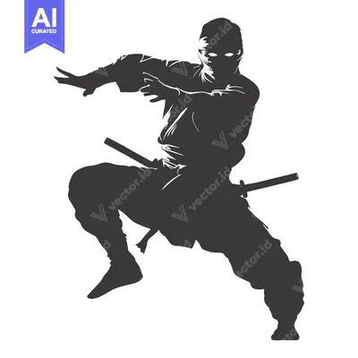 Aset desain premium: Silhouette of a Ninja with Two Swords Leaping Through the Air