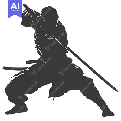 Aset desain premium: Silhouette of a Ninja Holding a Sword in a Fighting Stance