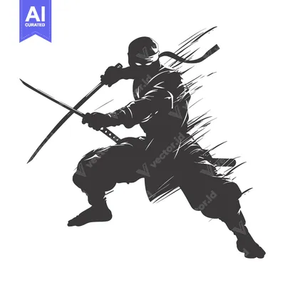 Silhouette of a Ninja with Two Swords in a Fighting Pose