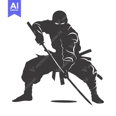 Silhouetted Ninja Warrior Holding a Sword in a Fighting Stance