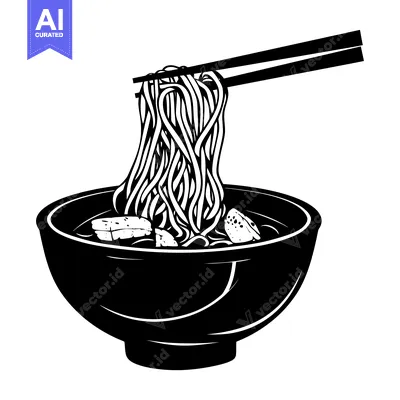 Premium design asset: Black and White Illustration of Noodles in a Bowl with Chopsticks