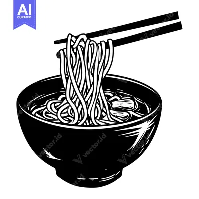 Aset desain premium: Black and White Illustration of Noodles Being Lifted from a Bowl with