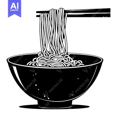 Aset desain premium: A black and white illustration of a bowl of noodles with chopsticks.