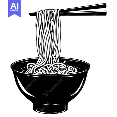 Aset desain premium: Black and White Illustration of Noodles Being Lifted from a Bowl with