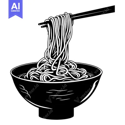 Black and White Illustration of Noodles Being Lifted from a Bowl with