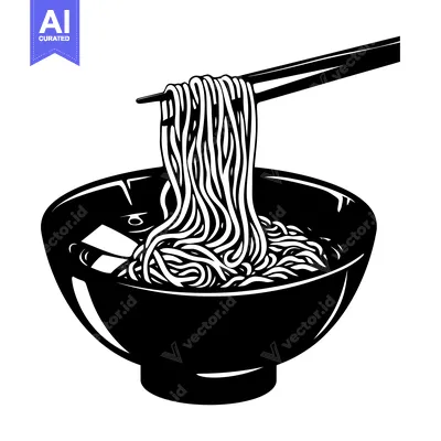 Black and White Illustration of Noodles Being Lifted from a Bowl with