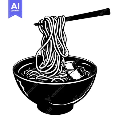 Premium design asset: Black and White Illustration of Ramen Noodles in a Bowl