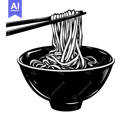 Popular premium asset: Black and White Illustration of Noodles Being Lifted from a Bowl with