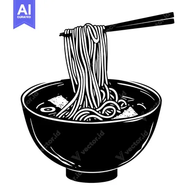 Black and White Illustration of a Bowl of Ramen Noodles with Chopstick