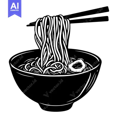 Premium design asset: Black and white illustration of a bowl of noodles with chopsticks.