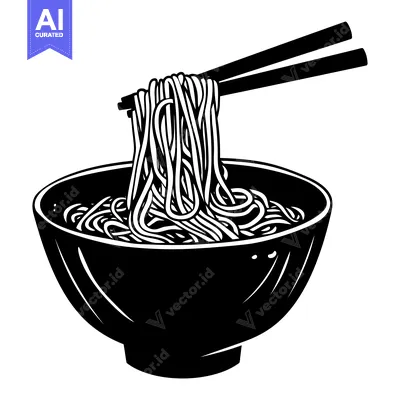 Aset premium populer: Black and White Illustration of Noodles in a Bowl with Chopsticks