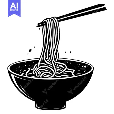 Black and White Illustration of Noodles Being Lifted from a Bowl with