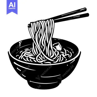 Aset desain premium: Black and White Illustration of Noodles Being Lifted from a Bowl with