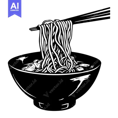 Black and White Illustration of Noodles in a Bowl with Chopsticks