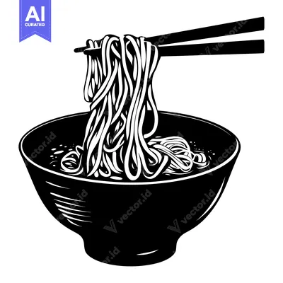 Black and White Illustration of Noodles with Chopsticks in a Bowl