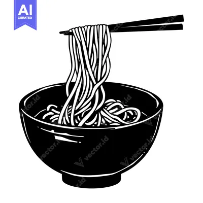 Black and White Illustration of a Bowl of Noodles with Chopsticks