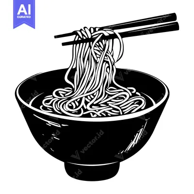 Aset premium populer: Black and White Illustration of Noodles Being Lifted from a Bowl with