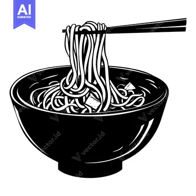 Aset premium populer: Black and white illustration of a bowl of noodles with chopsticks