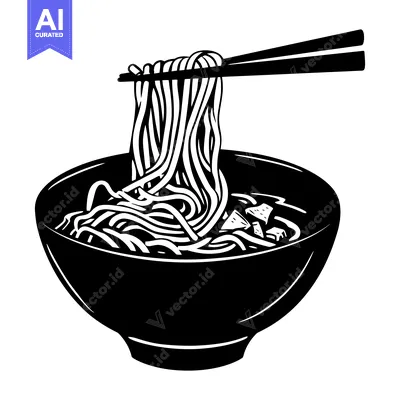 Aset desain premium: A bowl of ramen noodles with chopsticks lifting a strand
