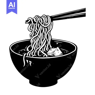 Black and White Illustration of a Bowl of Noodles with Chopsticks
