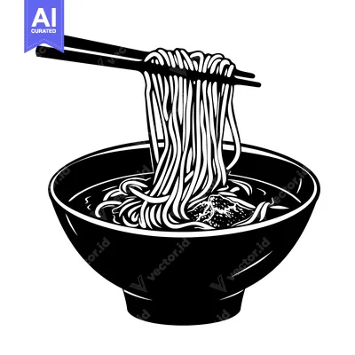 Black and white illustration of a bowl of noodles being lifted with ch