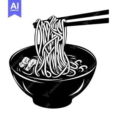 Aset premium populer: Black and white illustration of ramen noodles being lifted from a bowl