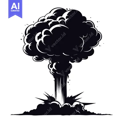 Aset desain premium: Black and White Cartoon Illustration of a Mushroom Cloud Explosion