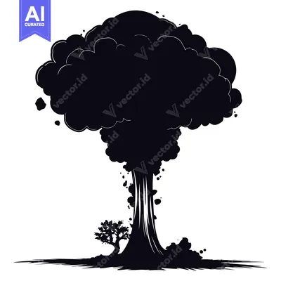 Aset desain premium: Black and White Silhouette of a Mushroom Cloud with a Small Tree Below