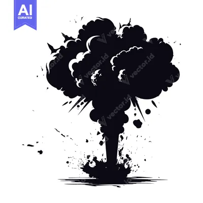 Aset desain premium: Black and White Silhouette of an Explosion with Smoke and Debris