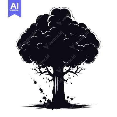 Aset premium populer: Black and White Silhouette of a Tall, Bushy Tree with Bare Branches