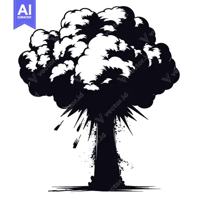 A black and white illustration of a large, stylized explosion with a t