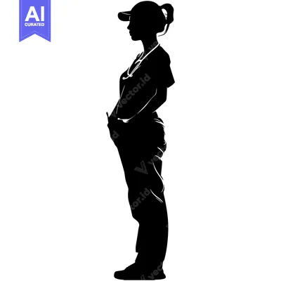 Aset desain premium: Silhouette of a Female Doctor in Scrubs with a Stethoscope