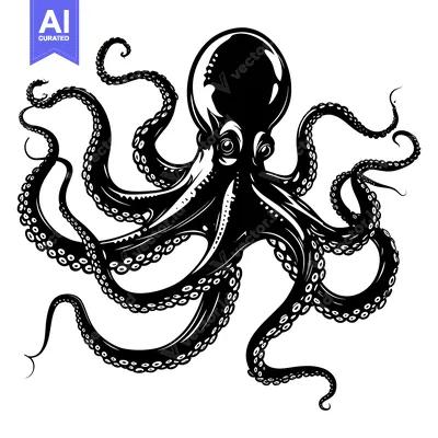 Aset premium populer: A Detailed Black and White Illustration of an Octopus