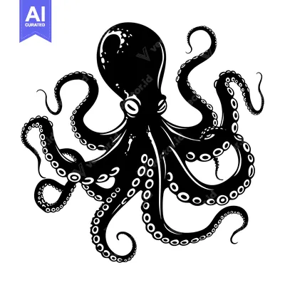 Aset premium populer: Black and White Silhouette of an Octopus with Tentacles Extended