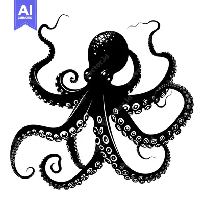 Aset desain premium: Black and White Silhouette of an Octopus with Eight Tentacles