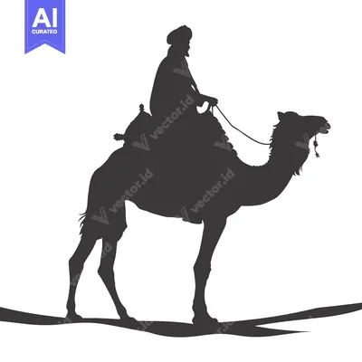 Aset desain premium: Silhouette of a man riding a camel in the desert
