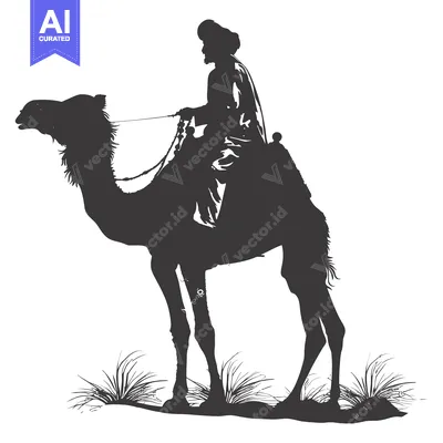 Aset desain premium: Silhouette of a Man Riding a Camel Through Grass