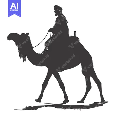Aset premium populer: Silhouette of a man riding a camel in a desert setting