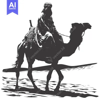Aset desain premium: A Man Riding a Camel Across a Desert Landscape