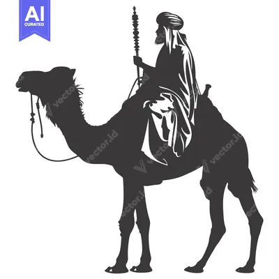 Aset desain premium: Silhouette of a Man Riding a Camel with a Staff