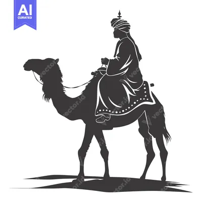 Aset desain premium: Silhouette of a Man Riding a Camel in the Desert