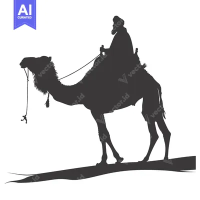 Silhouette of a man riding a camel in the desert