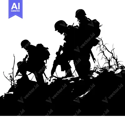 Aset premium populer: Silhouettes of three soldiers in a wartime setting.