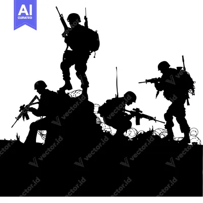 Silhouettes of Soldiers on a Hillside with Barbed Wire
