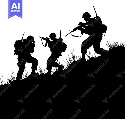 Aset desain premium: Silhouette of Three Soldiers Ascending a Hillside with Rifles